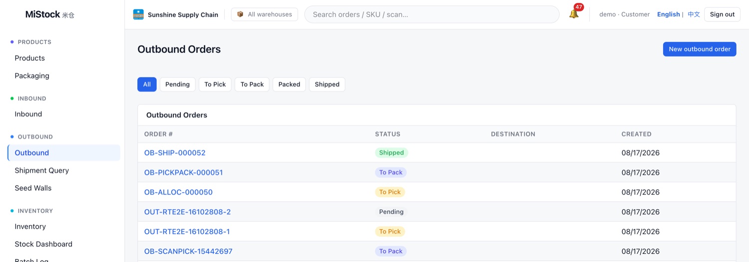 MiStock outbound order list with pending, to pick, to pack, packed and shipped statuses
